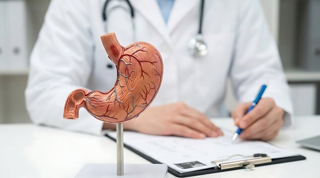 Gastroenterologist doctor explaining digestive health with stomach model