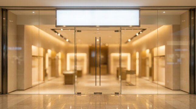 A blank rectangular storefront sign mockup above glass double doors in a bright luxury retail shop.