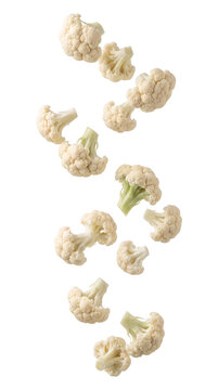 Falling cauliflower florets isolated on transparent background
