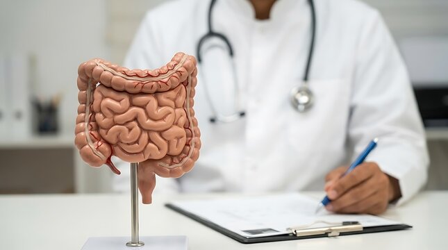 Doctor consulting with human digestive system anatomy model