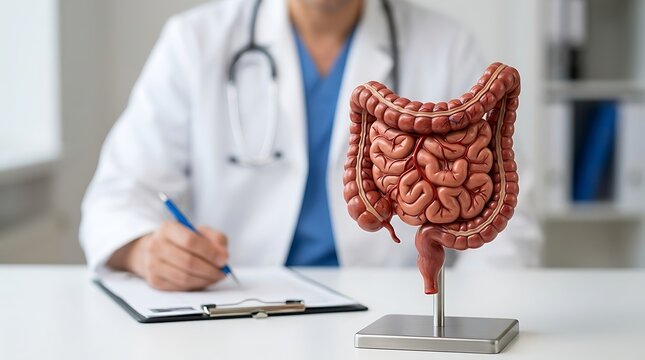 Doctor sitting behind human digestive system model in clinic