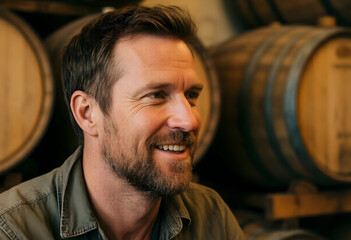 Naklejka premium Winemaking and craft beverage industry, smiling winemaker inspecting wine barrels in a rustic cellar for quality control and traditional production