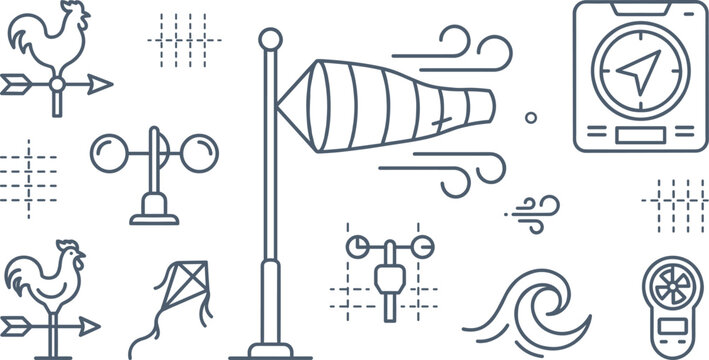 Meteorology and Wind Measurement Line Icon Set with Windsock, Weather Vane, Anemometer, Compass, Kite, and Wave Symbols