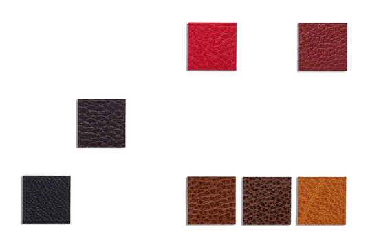 A collection of various leather swatches arranged on a white background
