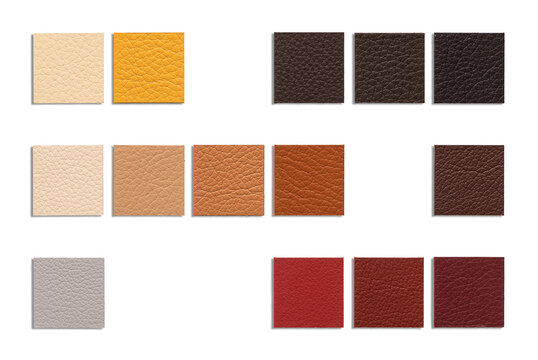 A collection of various leather swatches arranged on a white background