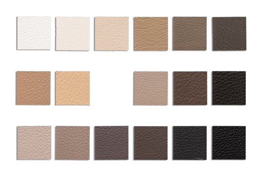A collection of various leather swatches arranged on a white background