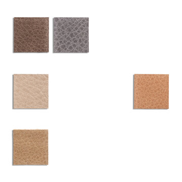 A collection of various leather swatches arranged on a white background