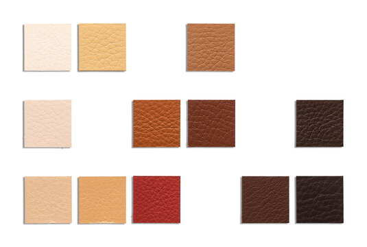 A collection of various leather swatches arranged on a white background