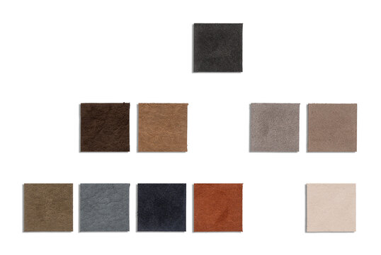 A collection of various leather and suede swatches arranged on a white background