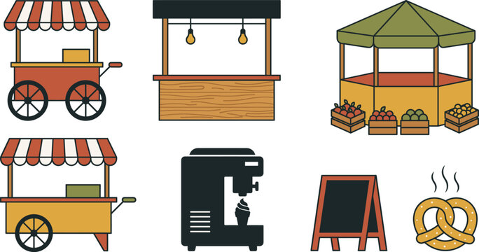Street Food Stall and Market Kiosk Icon Set with Food Carts, Fruit Stands, Coffee Machine, and Pretzel