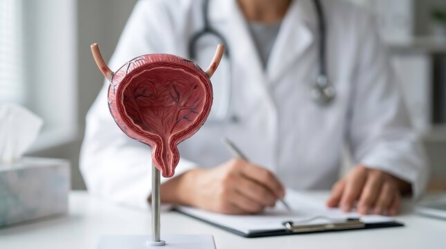 Anatomical human bladder model on desk with doctor writing report