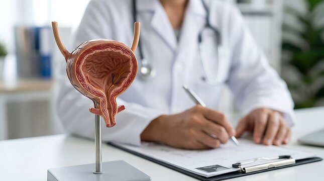 Urologist doctor writing medical report with bladder prostate model