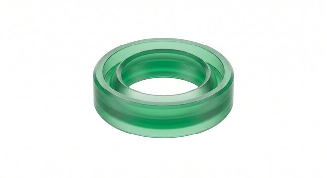Macro of a pneumatic cylinder piston U-cup seal. Translucent green polyurethane elastomer ring with flexible sealing lips for industrial actuation hardware.