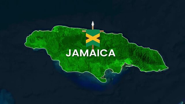 Jamaica island land mass map motion graphic with spinning national flag