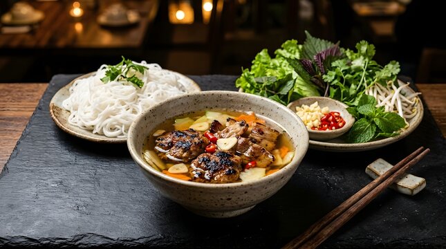Vietnamese grilled pork with rice vermicelli and fresh herbs on dark slate in a bistro