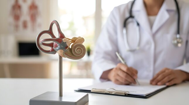 Anatomical human ear model on desk with doctor writing in background