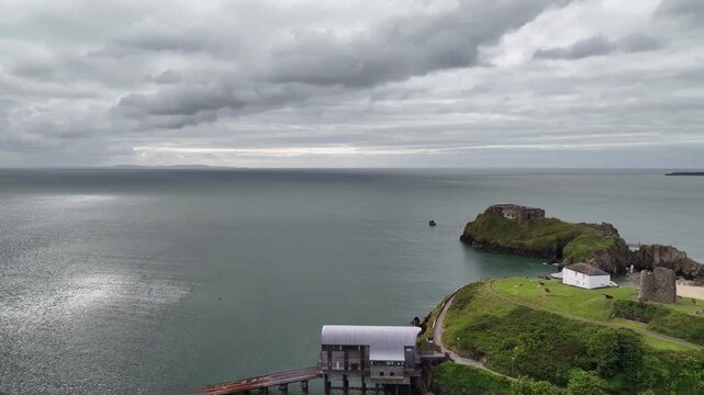 Aerial Drone View of St Catherines Island Fort and Lifeboat Station in Tenby Pembrokeshire Wales