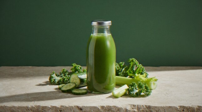 A glass bottle filled with vibrant green vegetable juice, surrounded by fresh cucumber slices, kale leaves, and celery stalks on a rustic stone surface against a green background.
