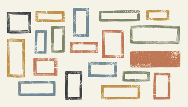 Assortment of multi colored rectangular frames with a distressed grunge texture on a light beige background.
