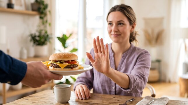 A woman politely refuses a hamburger offered to her at a table, choosing a healthier lifestyle.