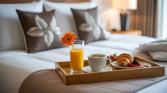 Cozy breakfast tray with croissant, coffee, and orange juice on bed
