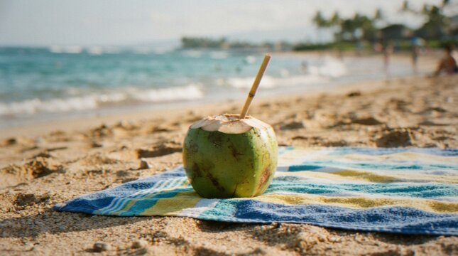 A fresh green coconut with a bamboo straw sitting on a colorful striped towel on a sandy beach.