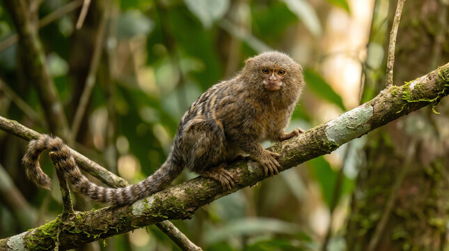 Pygmy Marmoset Perched on A Mossy Branch in A Lush Rainforest Canopy