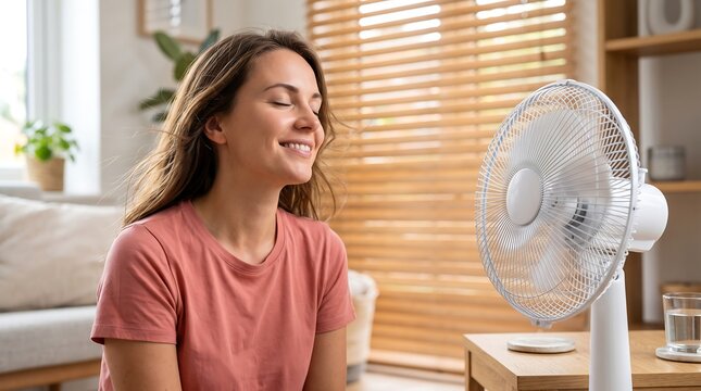 A young woman smiles with her eyes closed, enjoying the cool breeze from a white electric fan on a warm day.