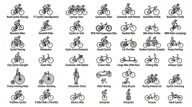 Set of various bicycle icons and cycling silhouettes for transport and sports design.