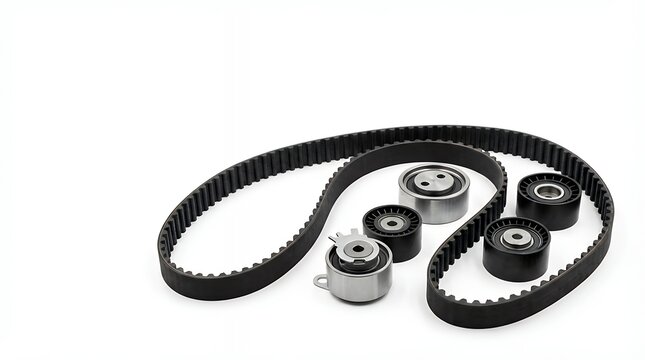 A Complete Kit of Timing Belt With Rollers Isolated on a White Background Representing Essential Auto Parts and Spare Components for Vehicle Repair and Maintenance kit of timing belt with rollers
