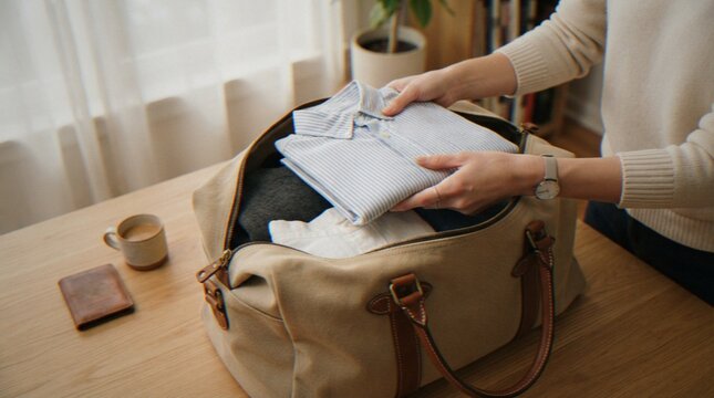 A person carefully packing a striped shirt into a beige canvas duffel travel bag on a wooden table, with a wallet and cup of coffee nearby.