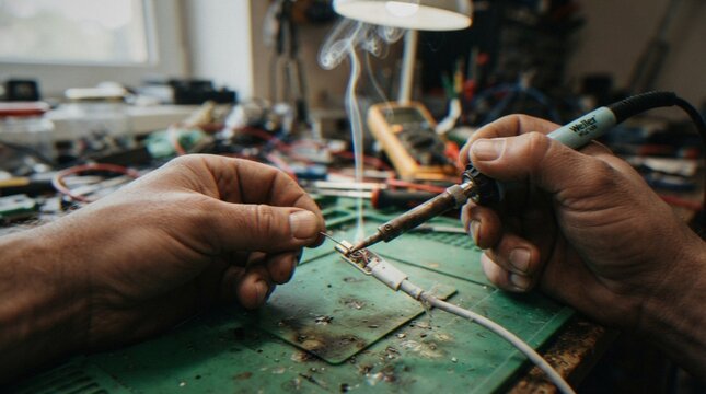 Close-up of a technician's hands repairing a broken charging cable with a soldering iron on a green work mat in a cluttered electronics workshop.