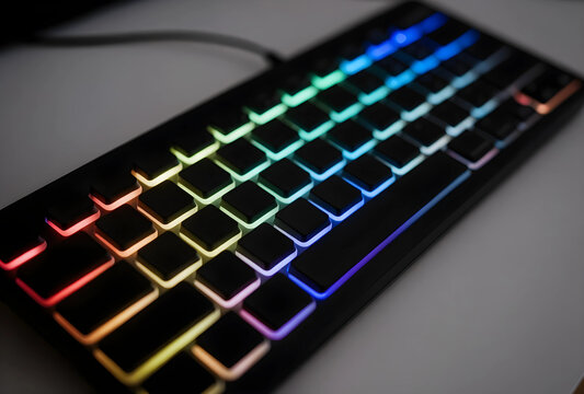 Gaming and esports culture, mechanical keyboard with colorful rgb led backlight for computer gaming and professional streaming setup on a dark desk