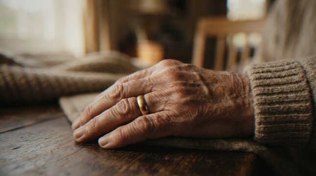 Close-up of an elderly person's hand resting on a wooden table, wearing a simple gold wedding band, symbolizing aging, love, and longevity.