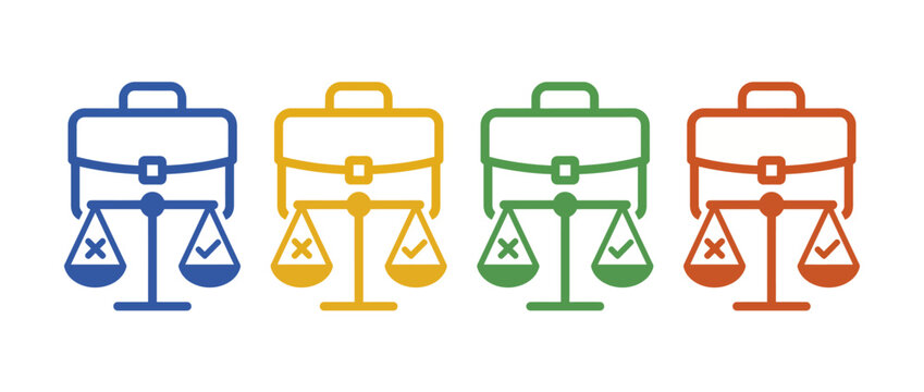 Business briefcase and scale of justice icons for ethical decision making