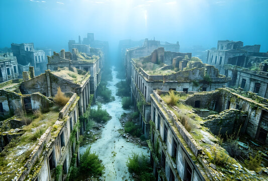 Climate change and rising sea levels, underwater city ruins with flooded streets and abandoned buildings submerged in deep ocean water with light rays