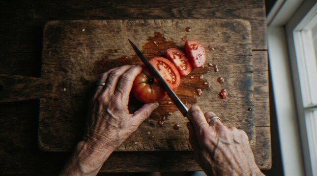 Close-up of an elderly person's hands slicing a fresh red tomato on a rustic, worn wooden cutting board in a kitchen.
