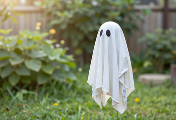 Naklejka premium Halloween celebration and childhood fun, child in a ghost costume made from a white bed sheet playing in a backyard garden during the autumn season