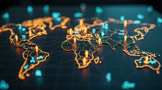 Global connection map with glowing human icons representing international network and population.