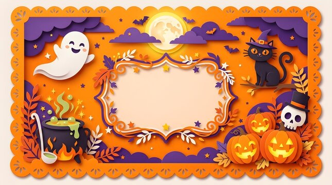 Festive halloween background featuring a central frame with cute ghost black cat pumpkins and a spooky cauldron