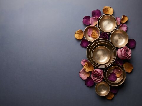 Tibetan singing bowls, brass meditation bowls with rose petals, zen spa background