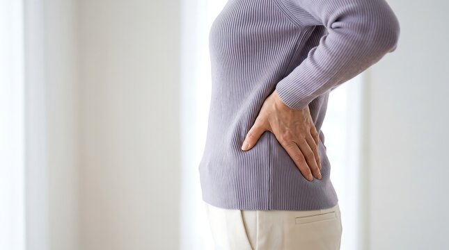 A woman is holding her lower back in pain, indicating discomfort or a medical issue.