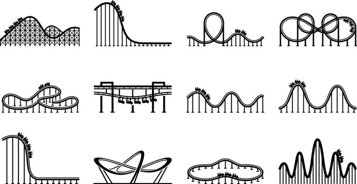Roller Coaster Track Silhouette Collection Featuring Loops, Drops, Curves, and Amusement Park Rides
