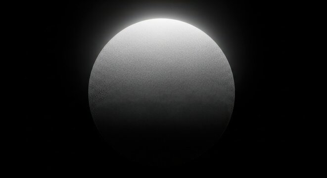 Glowing white sphere floating in deep darkness, minimalist circular light source with soft radial gradient, subtle grainy texture on the surface, abstract celestial orb in black space