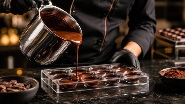 Professional chocolatier pouring tempered melted chocolate into mold during artisan confectionery production process