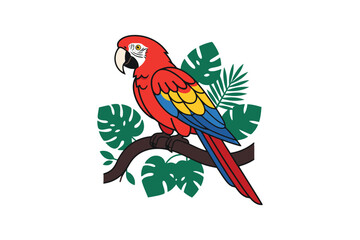 Obraz premium Colorful macaw parrot sitting on a branch with tropical jungle leaves