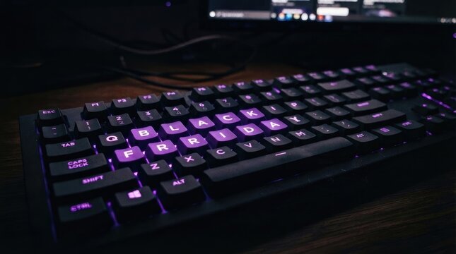 Black friday concept with the words spelled out on a mechanical gaming keyboard with purple led backlighting in a dark room setting black friday