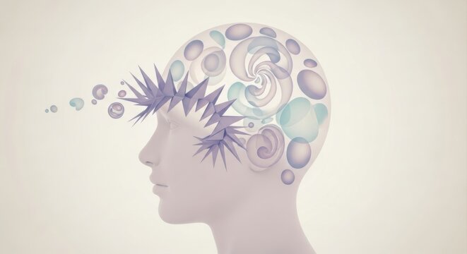 Human head silhouette in profile with a brain area filled with floating colorful bubbles and a sharp, spiky geometric shape emerging from the forehead, representing complex thoughts or ideas