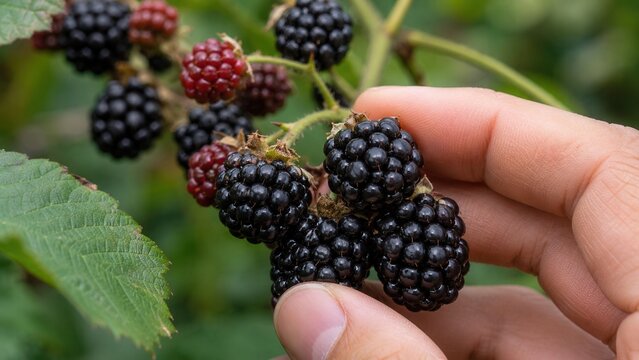 Fresh ripe blackberries being hand picked from bramble bush during summer harvest in organic berry garden
