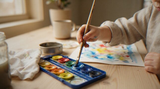 A close-up shot of a young child's hand holding a paintbrush, dipping it into a watercolor paint set while painting on paper at a wooden table.